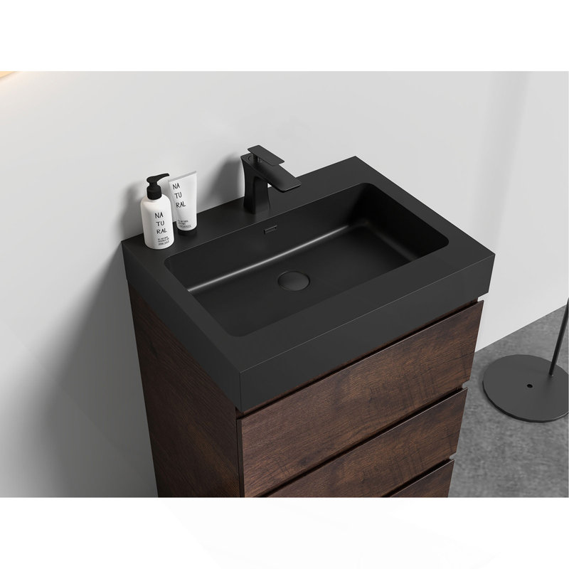 Lavabo intégré en quartz d'ingénierie SANS drain et robinet, couleur noir mat, Noir, Noir