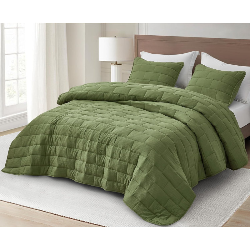 George 3-Piece Modern Textured Woven Jacquard Quilt Set, Olive Green, Queen Quilt + 2 Standard Shams