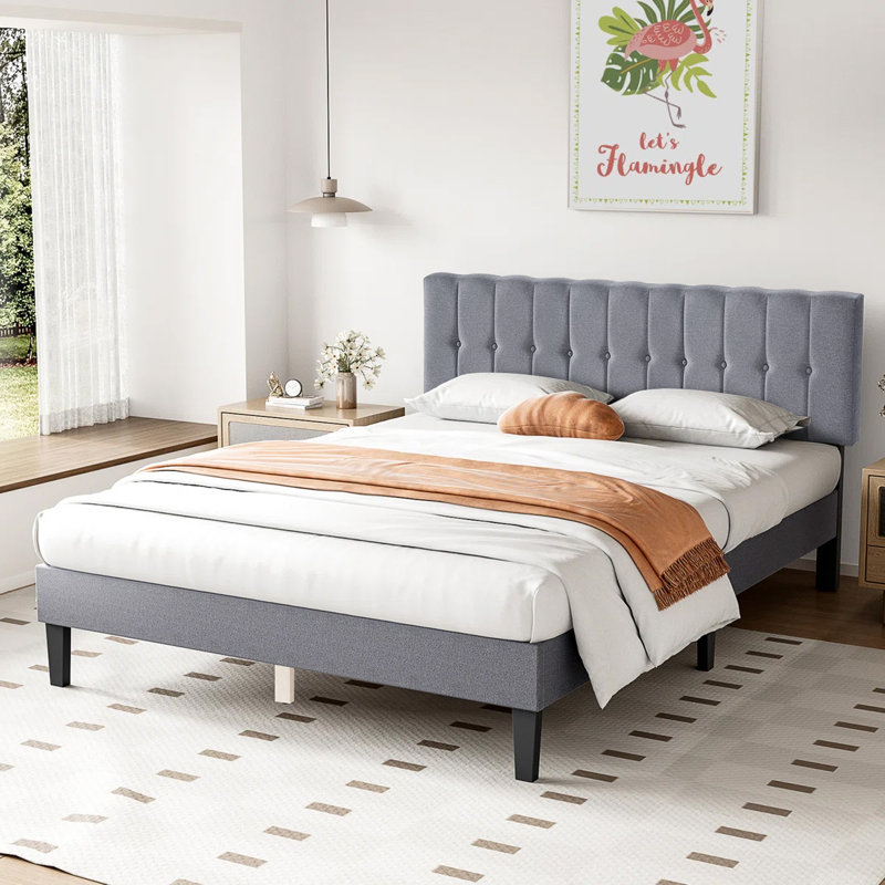 Structure de lit plateforme avec tête de lit tapissier réglable, aucun sommier tapissier requis, Gris clair, Très grand