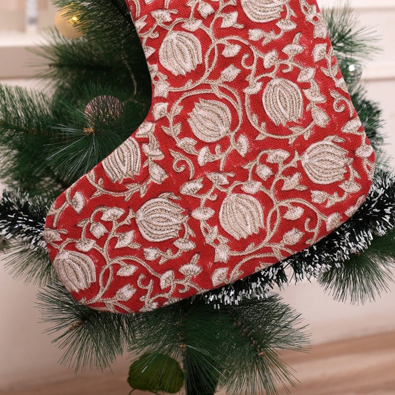  Bas de Noël en lin imprimé à la main avec breloque rétro - 6 Kamal, H 10 po x l 4,5 po