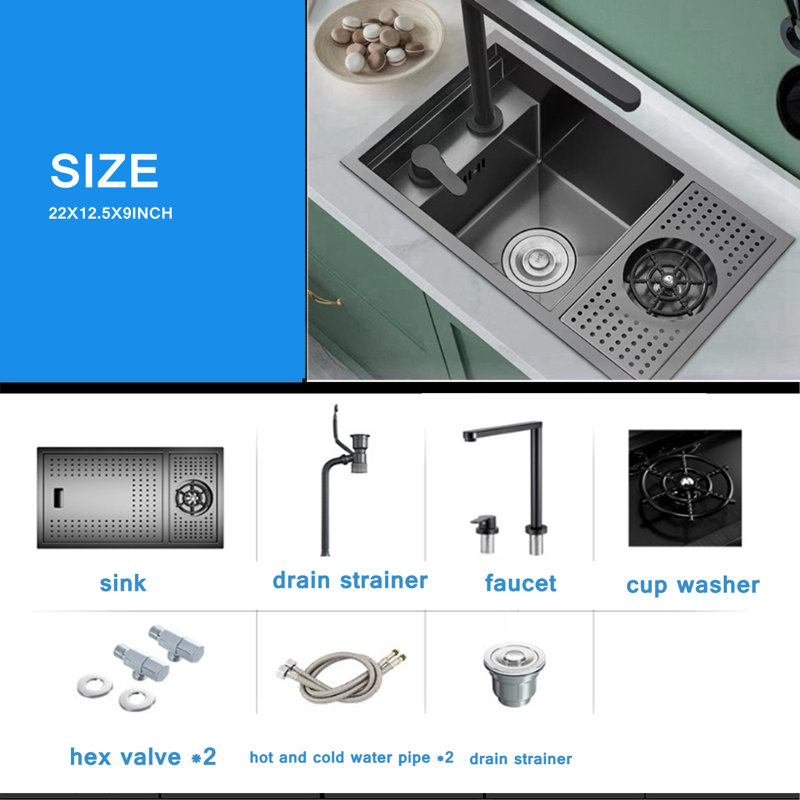 Black Nano Hidden 22 Inch Kitchen Sink Single Bowl Balcony Bar,Stainless Steel Commercial Kitchen Sink With Up And Glass Rinser Set