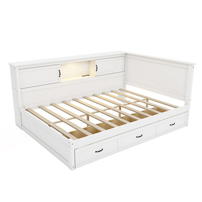 L-Shaped Bed Frame With Drawer And Bookcase, Corner Bed With Led Downlight And Usb Port