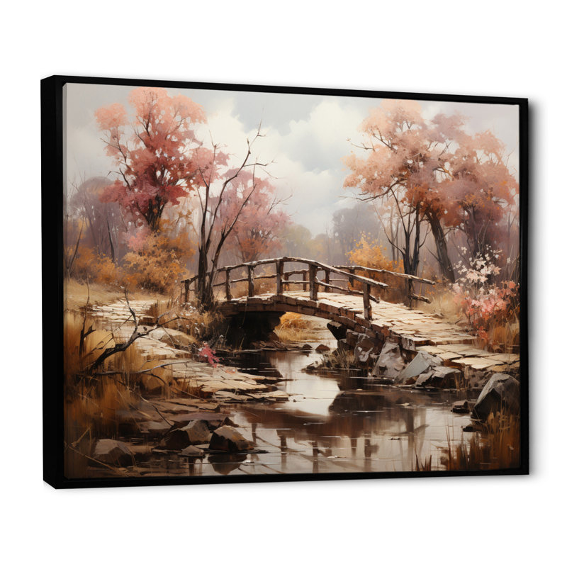 «Brown Bridge Rustic Charm An», art mural sur toile, Cadre flottant noir, H 30 po x l 40 po x P 1,5 po