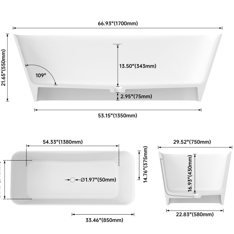67 Inch Solid Surface Bathtub For Deep Soak, Freestanding With Elegant Matte Finish, Contour, Advanced Insulation, Ultra- Composite, Easy Maintenance, Skin-, Flawless , Installation, Spa-Like, White