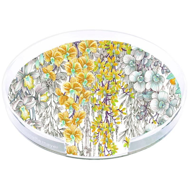 Orchid Garden Acrylic Round Placemat Tray, Gold/Green/Robins Egg