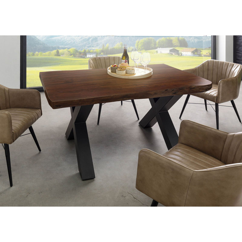Freeform Acacia Solid Wood Top Metal Base Dining Table, 77cm H x 140cm L x 90cm W, Matte anthracite, Brown, white and pink