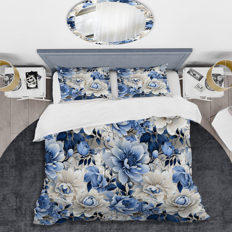Literie florale à motif victorien bleu et blanc IV, Housse de couette pour grand lit et 2 taies décor