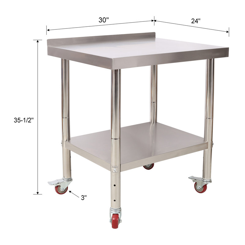 Table de préparation en acier inoxydable, table de travail en métal robuste de 30 po x 24 po x 35 1/2 po, capacité de charge de 440 lb avec tablette de dosseret réglable et 4 roulettes, poste de travail commercial pour restaurant de cuisine
