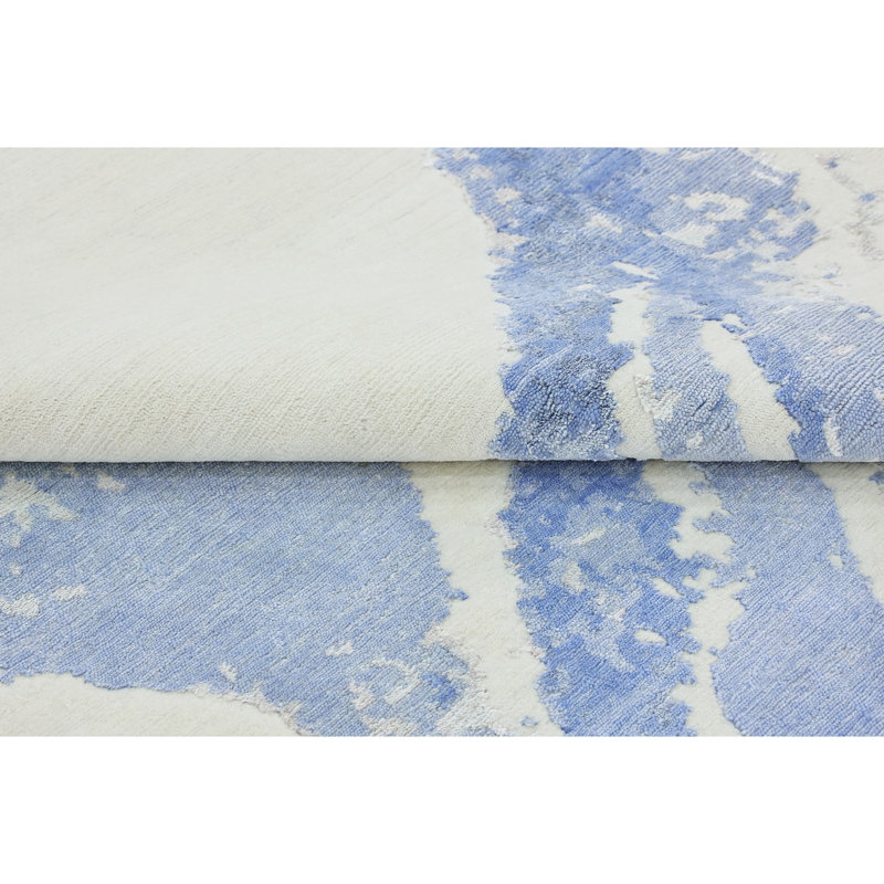 Tapis ivoire et bleu noué à la main de haute qualité, Rectangle de 5 pi x 8 pi
