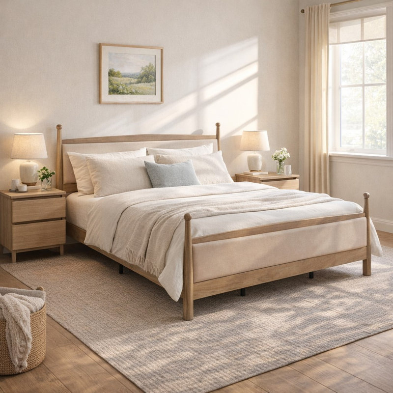 Lits King robustes, plateforme en bois de pin et tissu, chambre de style ferme moderne