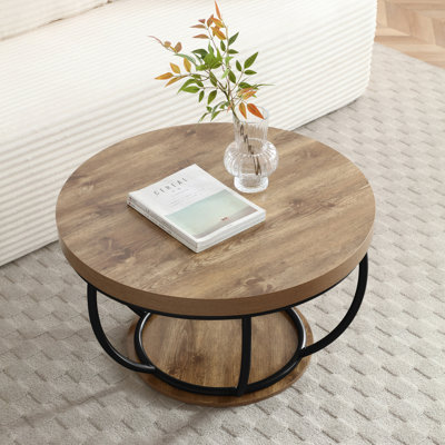 Table basse ronde 31 po avec tablettes de rangement à 2 niveaux, table d'appoint moderne en bois et métal noir pour le salon et le bureau à domicile - Assemblage facile
