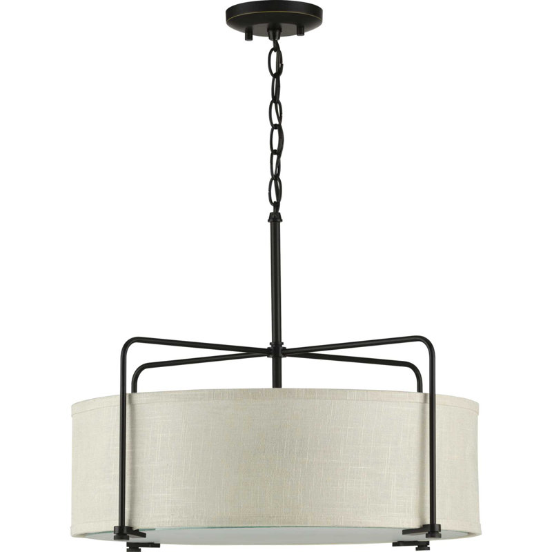 3 - Light Dimmable Drum Chandelier, Antique Bronze, Harvest Linen