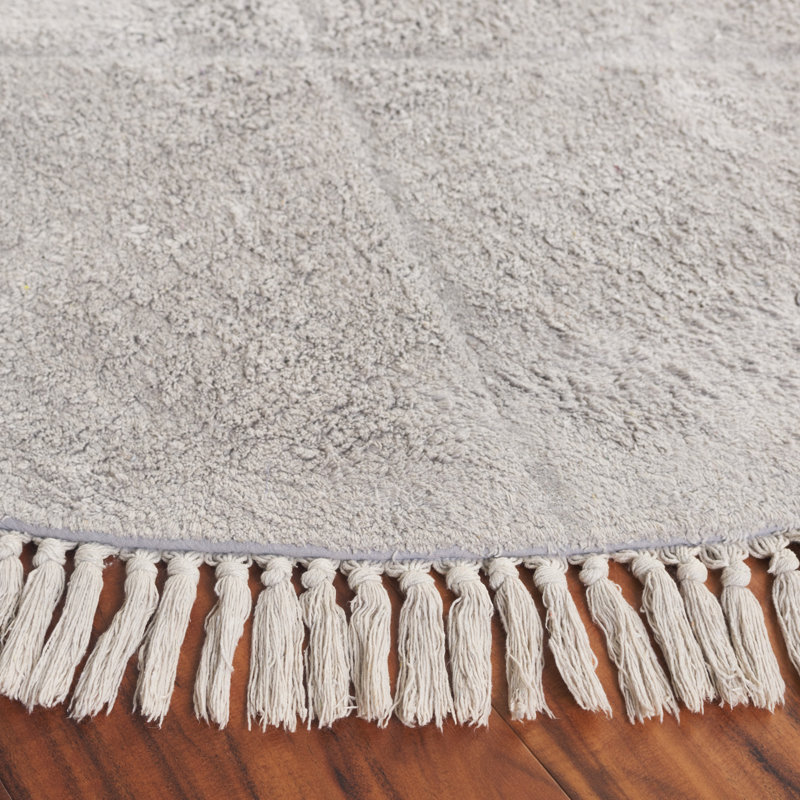Tapis en coton tissé à plat à motif géométrique blanc / gris Laibaa, Rond 6 pi