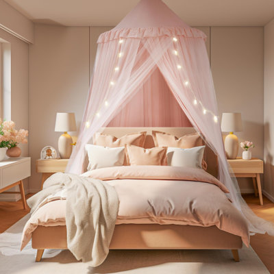 Large Bed Canopy With Star Lights, Double Layer Canopy For Bed, Princess Play Tent For Girls Room, Breathable Bed Curtain For Children Reading Nook, Machine Washable, 40''X 106'', Pink