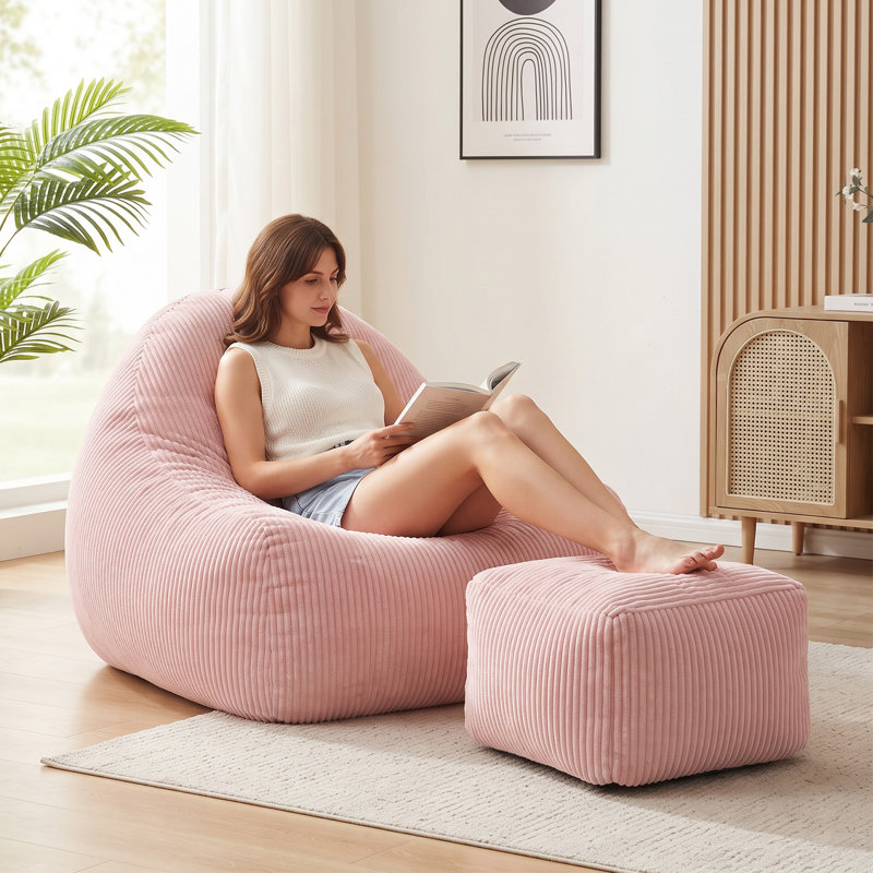 46" W Corduroy Bean Bag Chair with Ottoman, Oversized Memory Foam Floor Sofa for Adults, Gaming & Lounge Seat, 500 LBS Weight Capacity
