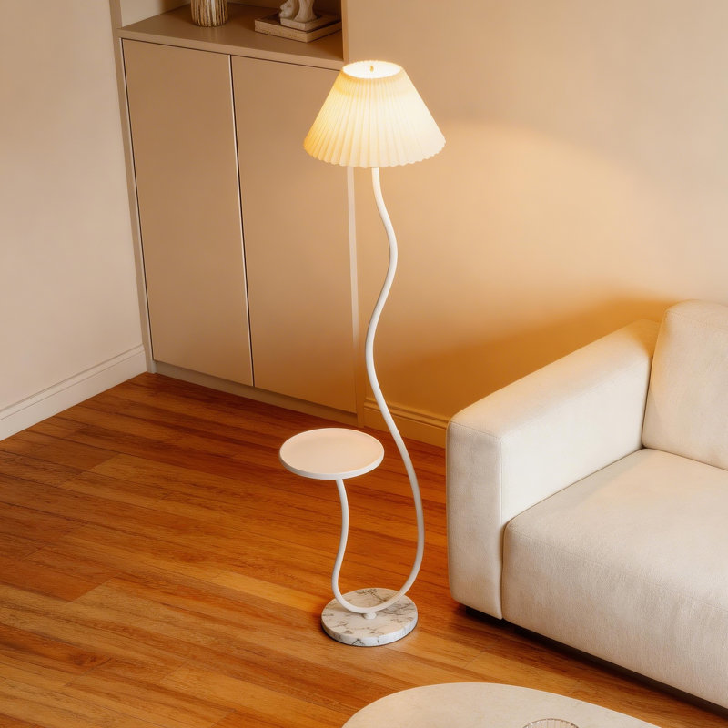 White Pleated Cream Style Floor Lamp With Marble Base And Side Table Iron Linen Shade For Living Room Bedroom