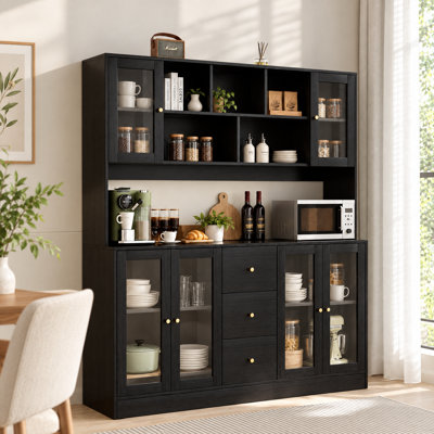 59.1"W x 68.1"H Large Kitchen Hutch Cabinet, Storage Cupboard Pantry With Glass Doors & Microwave Shelf