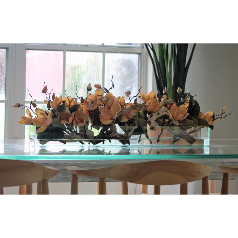 Glass Plate Magnolia Floral Arrangement And Centerpiece In Planter, Peach, 10" H x 48" W x 7" D