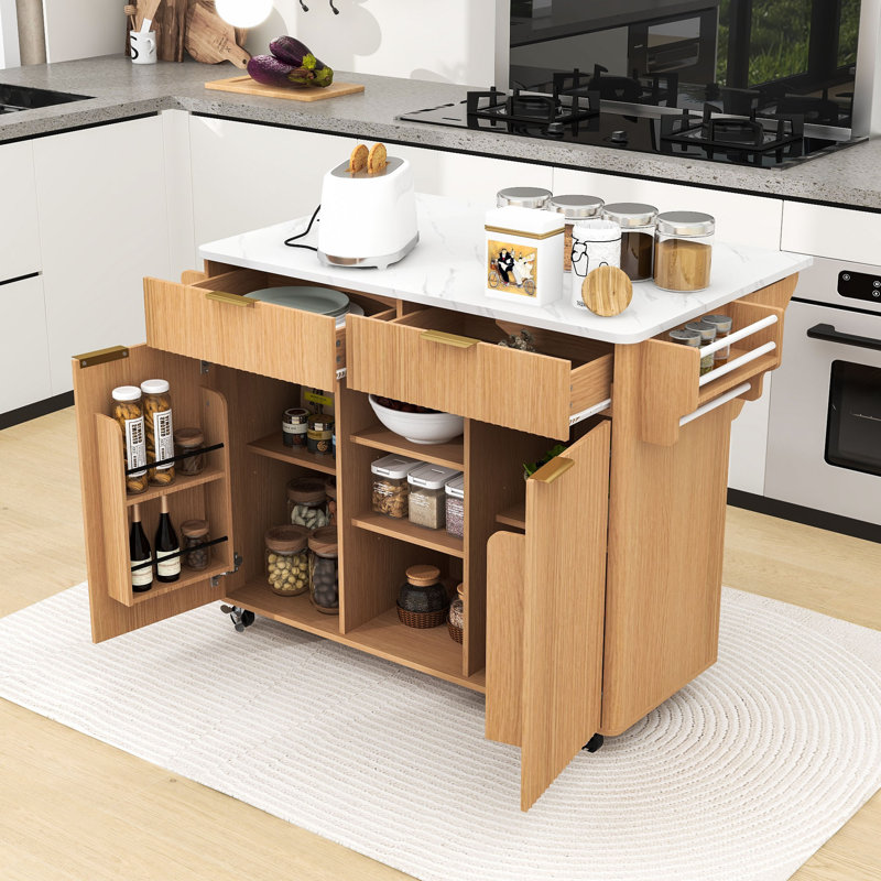 Rolling Fluted Kitchen Cart with Drop Leaf, Power Outlet, Adjustable Shelves and Storage Drawers, Natural