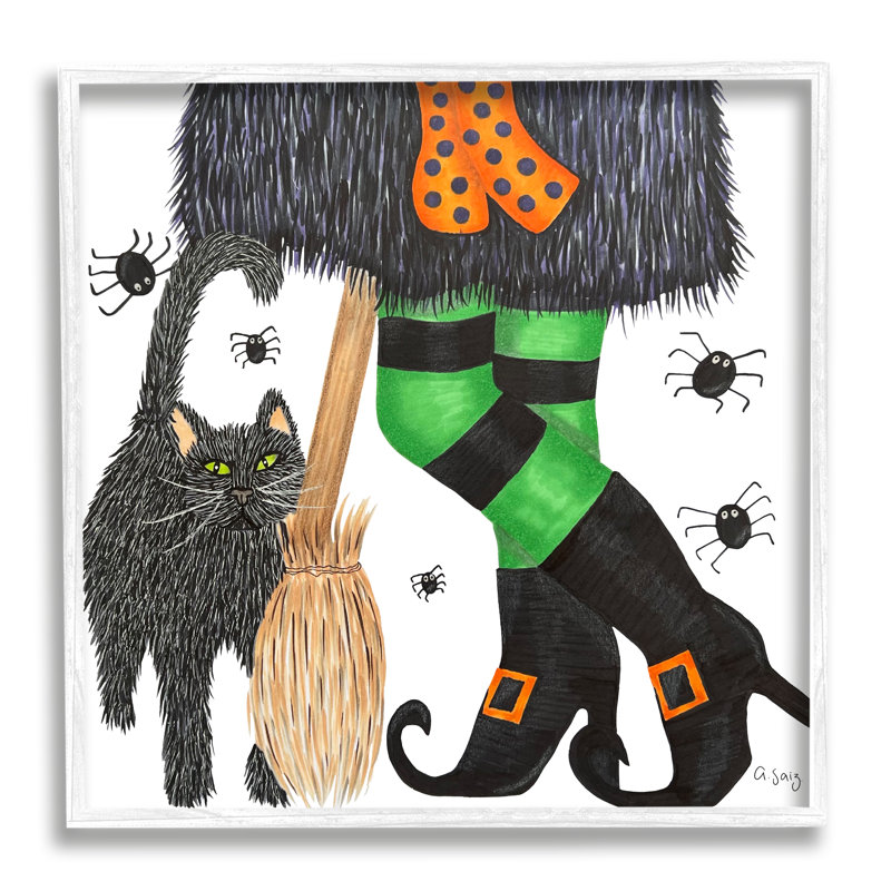 «Witch Broom Halloween», chat noir encadré sur bois par Ale Saiz Studio, impression, H 12 po x l 12 po x P 1,5 po