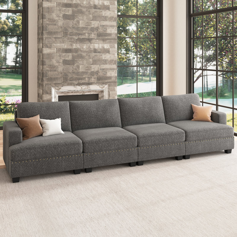 Anureet 4-Person Modular Sectional with Nailhead Trim, Light Gray Polyester