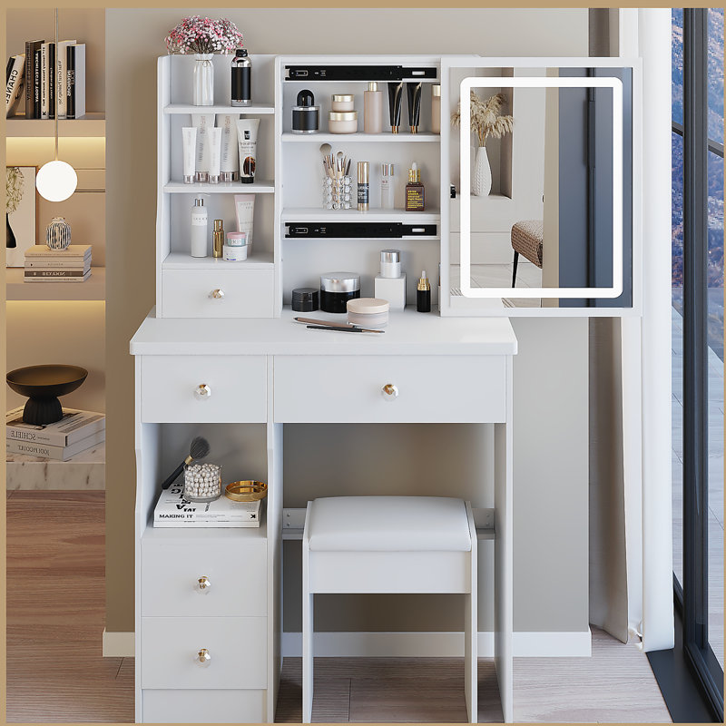 29.2" Small Size Left Drawer Desktop Vanity Table + Cushioned Stool, Large Sliding, Touch Control, Tri-color Switching, Brightness Adjust LED Mirror, High Capacity Storage, Suitable for Small Space