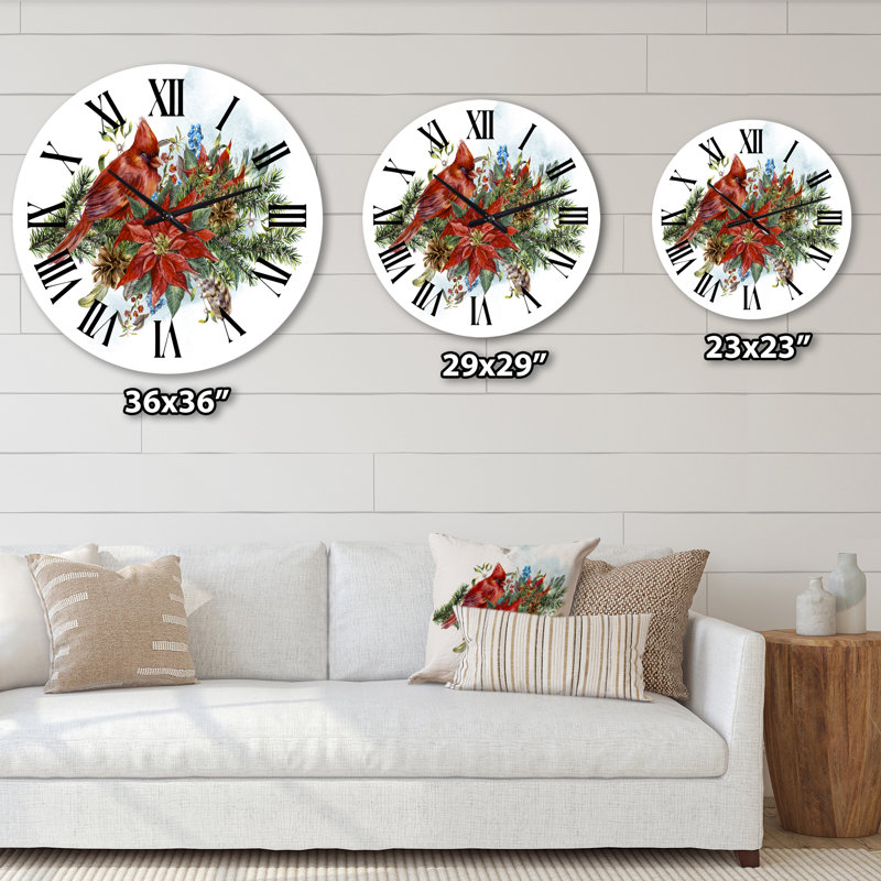 Poinsettia de Noël et cardinal rouge - Horloge murale traditionnelle, Surdimensionné