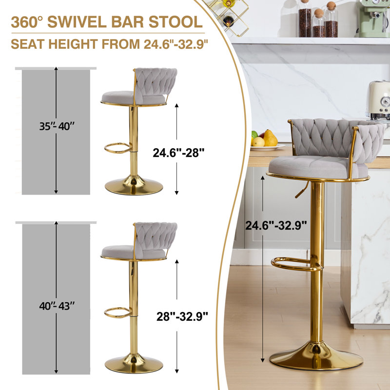 Velvet Swivel Bar Stool Set Of 2, Adjustable Counter Height Armless Barstools, Kitchen Island Chairs, Upholstered Bar Chairs