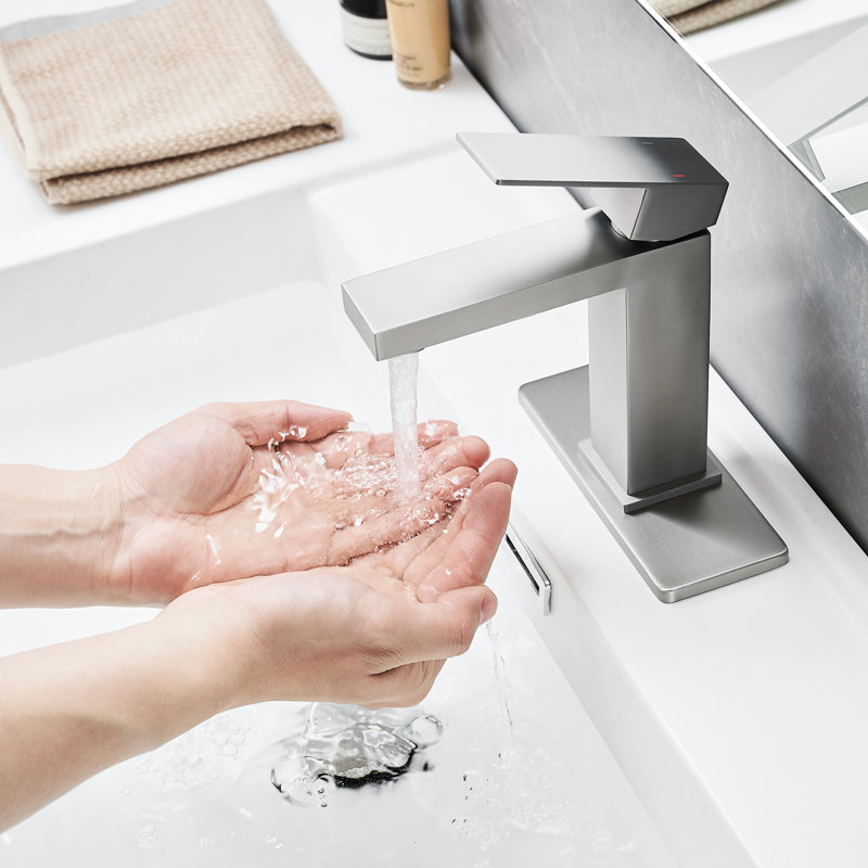 Bathroom Faucet With Waterfall Style, Brushed Nickel, Deck-Mounted, One Hole, Handle, Pop Up Drain, Supply Lines, Side , Cartridge Valve Geometric Flow, Nickel Finish, Lines