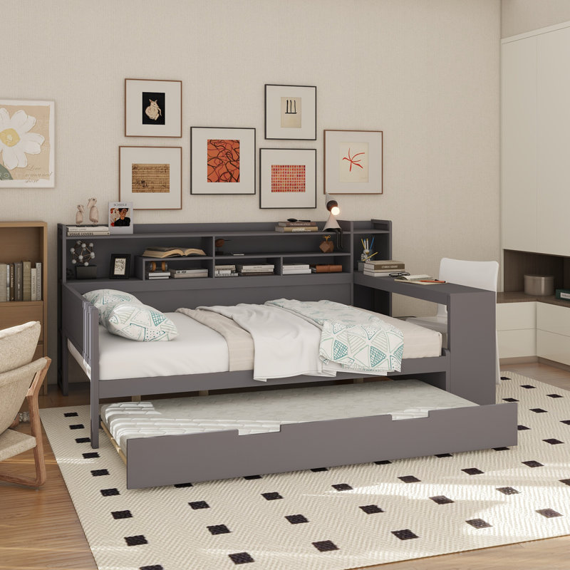 Lit de jour en bois avec tablettes de rangement, lit multifonctionnel avec lit gigogne et bureau d'étude, Lit double, Gris