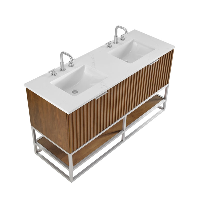 Terra 60'' W Double Vanity, Walnut, Brushed Nickel, Calacatta Quartz/Widespread