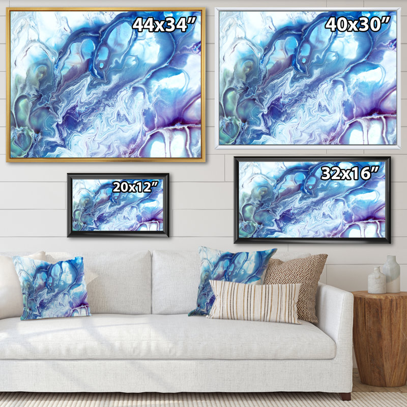 Abstrait de marbre bleu et mauve - peinture sur toile, Cadre flottant doré, H 34 po x l 44 po x P 1,5 po