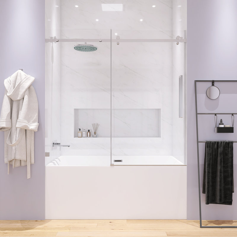 Porte de baignoire coulissante simple sans cadre 60 po x 58 po en verre trempé transparent épais de 1/4 po, Chrome
