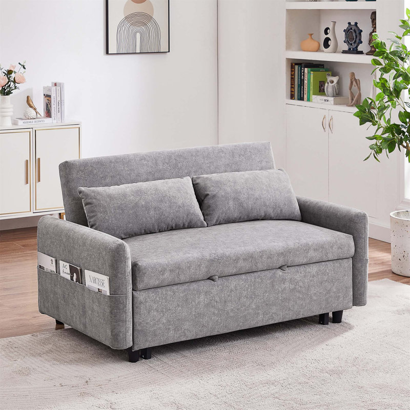 Pull Out Sleep Sofa Bed Loveseats Sofa Couch with Adjsutable Backrest, Storage Pockets, Gray
