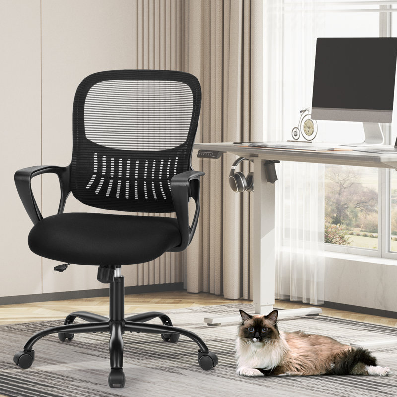 Chaise de bureau ergonomique en maille avec dossier profilé, hauteur réglable et pivotante à 360°, Main courante fixe, Noir