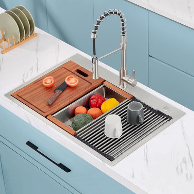 33 X 22 Drop In Stainless Steel Workstation Sink, 33 Inch 18-Gauge Stainless Steel Drop-In Kitchen Sink, Handmade Single Bowl Workstation R10 Rounded Corner Kitchen Sink With Accessories