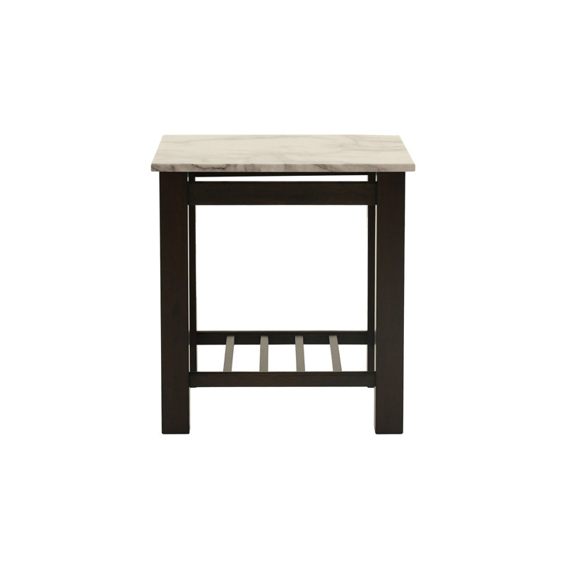 Table de bout moderne et contemporaine avec plateau en faux marbre et pieds en noyer antique