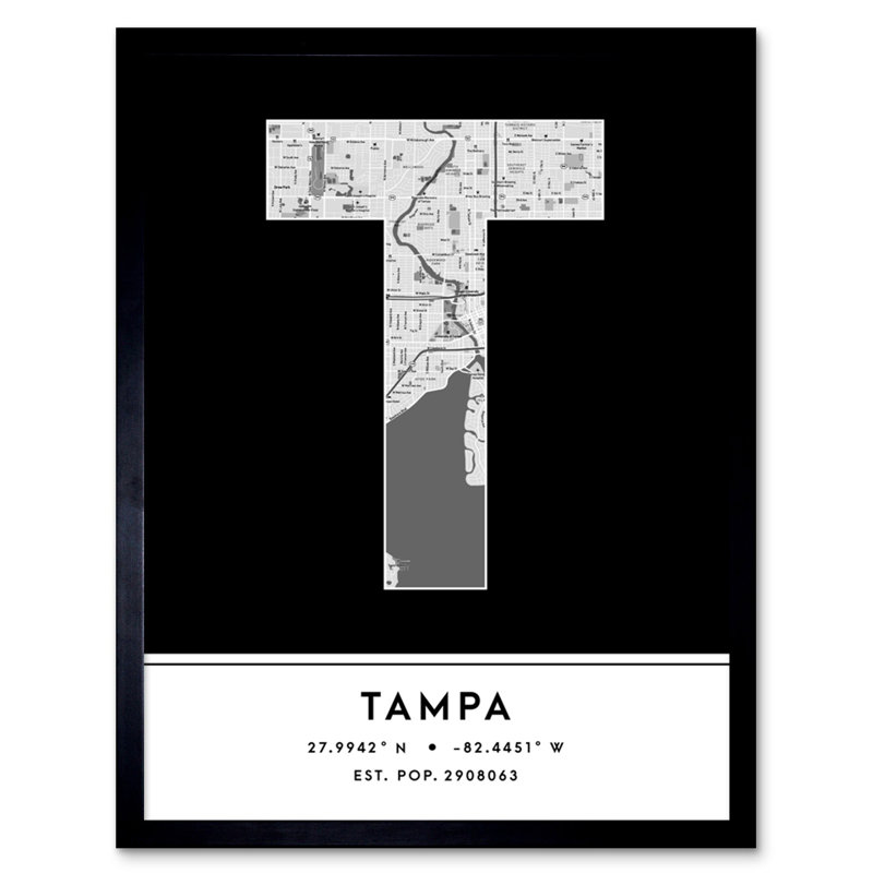 Tampa City Map Tampa Black & White - Single Picture Frame Typography