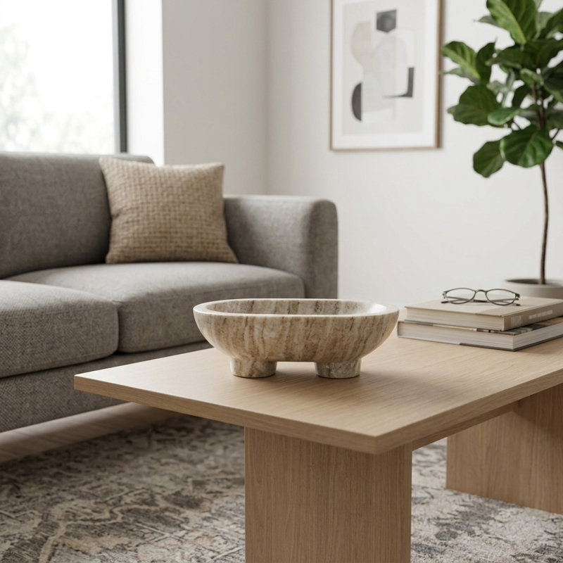 Coupe décorative moderne sur pied en marbre pour la cuisine - Élément de décoration contemporain et sophistiqué pour une table basse - 20 cm, beige et ivoire