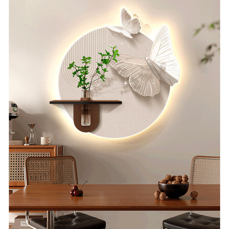 Décoration murale moderne ronde à DEL avec décor de plante artificielle, H 31,5 po x l 29,13 po x P 0,79 po