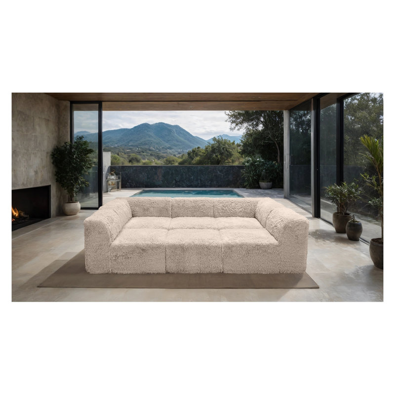 Canapé d'angle modulaire 6 pièces pour salon, lit de jour couleur taupe, fausse fourrure, mousse haute densité compressée, fauteuils sans accoudoirs, pouf