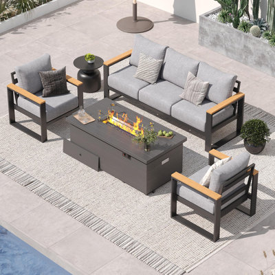 5-Person Aluminum Patio Furniture Set With 50000 Btu Fire Pit Table, Modern Patio Conversation Set With 6'' Olefin Cushions For Balcony, Porch, Backyard