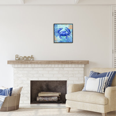 Crabe bleu avec art de la giclée encadrée de corail par Levison Design