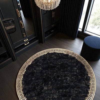 Black Round Tuscan Rug, Handmade Natural Living Room Carpet