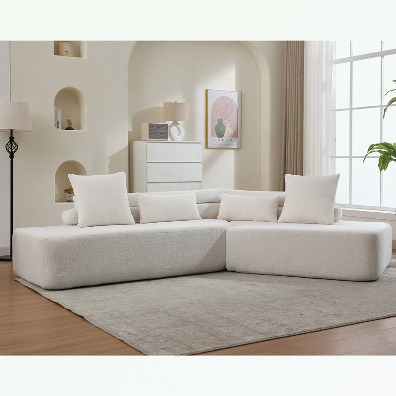 Modern 4-Seater Sectional Couch with four pillows, Beige Polyester Blend