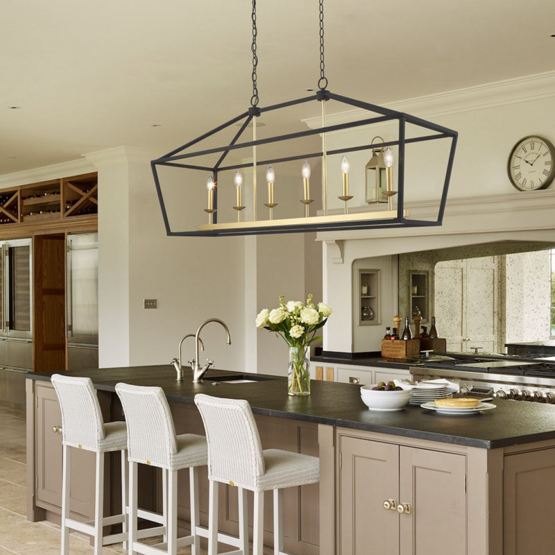 6 - Light Steel Dimmable Kitchen Island Chandelier UL Certified, Matte Black/Satin Brass