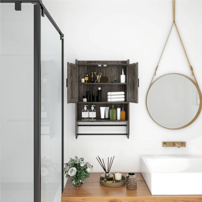 Armoire murale de salle de bain avec portes, tablette réglable, barre à serviettes et porte-papier, armoire de rangement au-dessus de la toilette, armoire à pharmacie pour salle de bain - gris