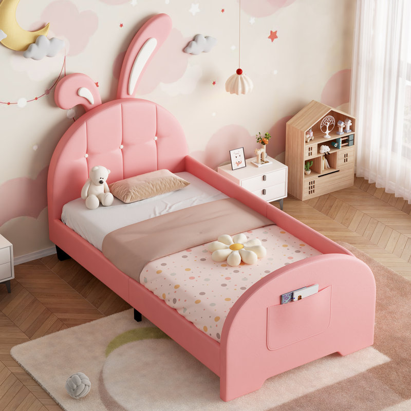 Upholstered Bed With Rabbit Shaped Headboard, Pink