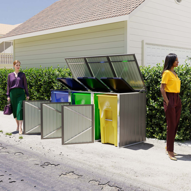 Garbage Bin Shed Stores 3 Trash Cans with Pneumatic Support Rod with Lockable Doors & Waterproof Lid Chain, Gray