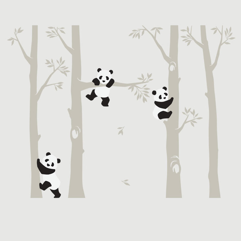 Tree with Pandas Wall Decal, Gray/White/Black